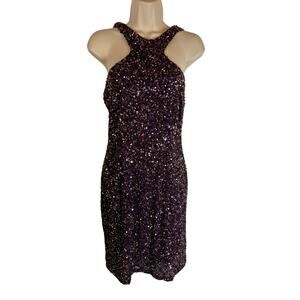 Theia purple Sequined Cocktail Dress 6 Open Back Wiggle Bodycon Party